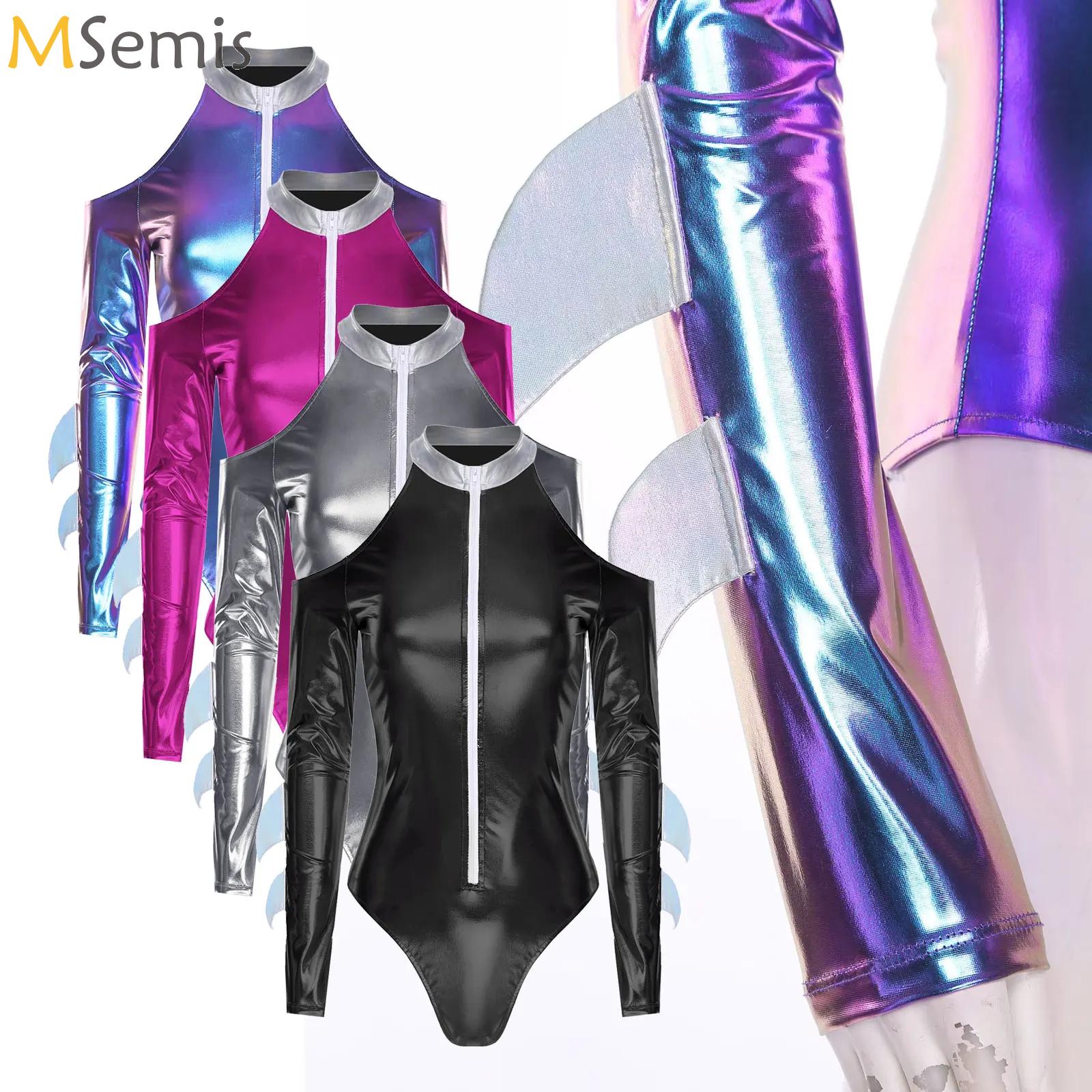 Yoga Fitness Holiday - Womens Metallic Shark Cosplay Bodysuit Athletic
