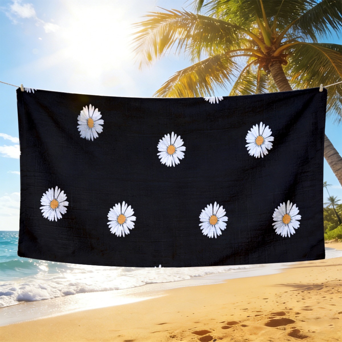 Yoga Fitness Holiday - 1pc Black Beach Towel with White
